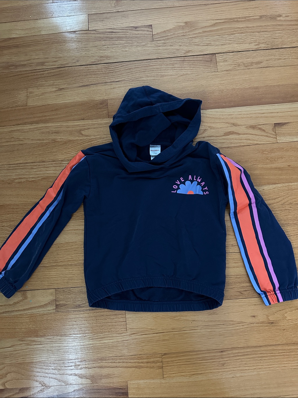 Hanna Andersson Navy Hoodie With Coral Pink And Sky Blue Stripe Sleeves